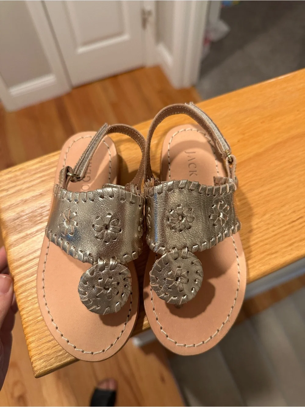 Jack Rogers Girls Metallic Gold Embroidered T-Strap Sandals